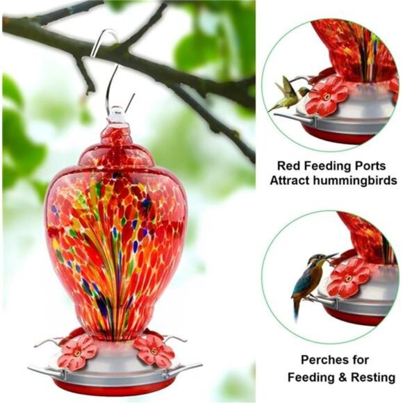 Hummingbird Feeder for Outdoors Patio Large 32 Ounces Colorful Hand Blown Glass - Picture 2 of 8